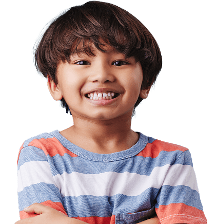 Smiling boy with straight brown hair wearing a striped shirt, arms crossed.